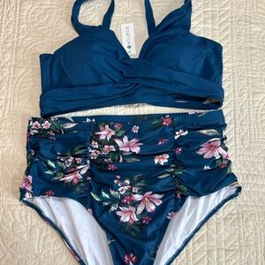 Holipick Flower Two Piece High Waisted Women Padded Top Bikini Swimsuit Sz 20W